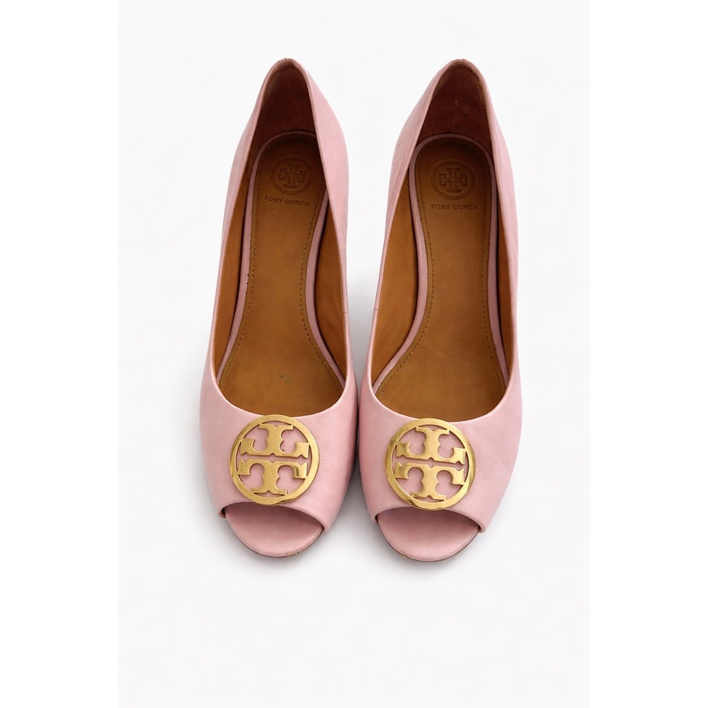 Tory Burch Wedge Pumps Women 8.5M Pink Good Leather Logo Peep Toe Heel